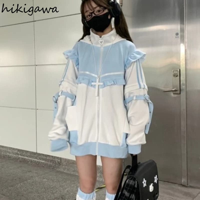 Japanese Hoodies Jackets Y2k Tops Streetwear Fashion Outwear Hooded Zipper Ruffles Sweatshirts Coat Contrast Color Casual Hoodie