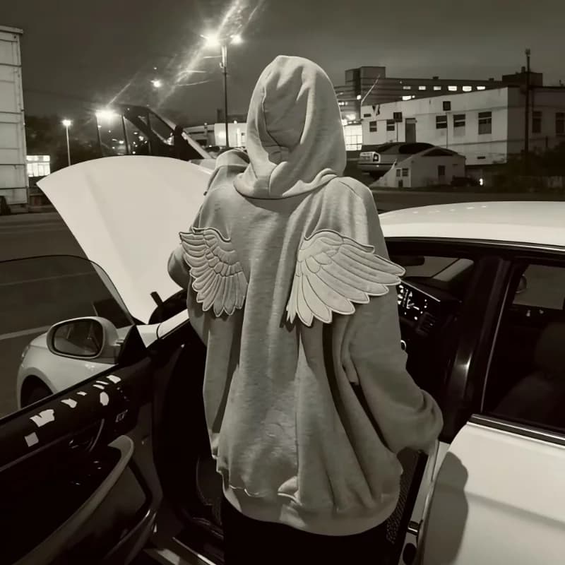 Y2K Angel Wings Hooded Sweatshirt, New 2026 Release Solid Color Zipper Street Cute Personalized Top Role-Playing Outfit