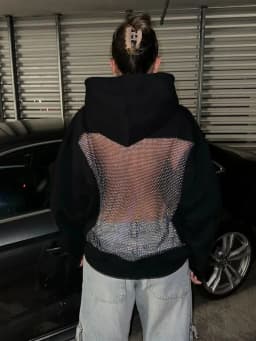 Weird Puss Harajuku Hooded Sweatshirt Women Autumn Trend Backless Glitter Mesh Patchwork Casual Streetwear Hipster Pulloverr