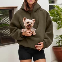 Dog Bag Pet Pocket Loose Hoodies Women Autumn And Winter Casual Fleece Solid Color Pet Pocket Hooded Sweatshirt Pullover Tops