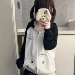 Japanese Contrast Tops Kawaii Hooded Tops Women Y2k Cartoon Print Hoodies Aesthetic Grunge Zip Up Sweatshirt Harajuku Streetwear