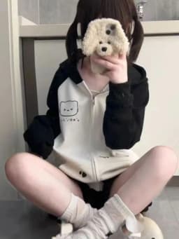 Japanese Contrast Tops Kawaii Hooded Tops Women Y2k Cartoon Print Hoodies Aesthetic Grunge Zip Up Sweatshirt Harajuku Streetwear
