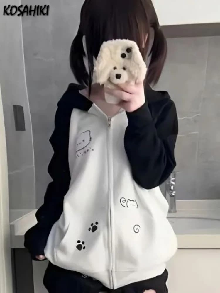 Japanese Contrast Tops Kawaii Hooded Tops Women Y2k Cartoon Print Hoodies Aesthetic Grunge Zip Up Sweatshirt Harajuku Streetwear