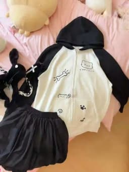 Japanese Contrast Tops Kawaii Hooded Tops Women Y2k Cartoon Print Hoodies Aesthetic Grunge Zip Up Sweatshirt Harajuku Streetwear