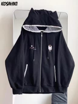 Japanese Cartoon Embroidery Hoodies Women Harajuku Vintage Zipper Plaid Patchwork Sweatshirt Preppy Pocket Y2k Aesthetic Hoody
