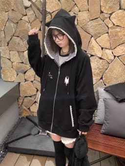 Japanese Cartoon Embroidery Hoodies Women Harajuku Vintage Zipper Plaid Patchwork Sweatshirt Preppy Pocket Y2k Aesthetic Hoody