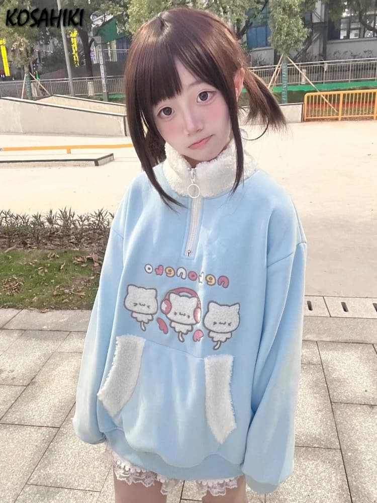 Japanese Lamb Wool Patchwork Stand Neck Hoodies Women Cartoon Embroidery Kawaii Cute Sweatshirt Harajuku Grunge Loose Streetwear