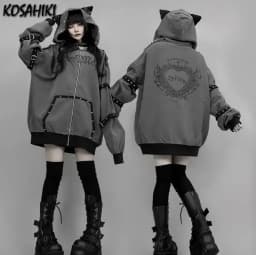 Gothic Sweatshirt Women Y2k Aesthetic Punk Rivet Hoodies Grunge Kawaii Cat Ear Hoody Jacket Oversized Streetwear Harajuku Tops