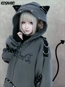Gothic Sweatshirt Women Y2k Aesthetic Punk Rivet Hoodies Grunge Kawaii Cat Ear Hoody Jacket Oversized Streetwear Harajuku Tops