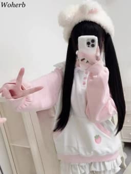 Japanese Rabbit's Ears Sailor Collar Women Hoddies Preppy Style Cartoon Embroidery Hoody Y2k Aesthetic Grunge Pocket Sweatshirt