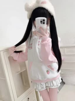 Japanese Rabbit's Ears Sailor Collar Women Hoddies Preppy Style Cartoon Embroidery Hoody Y2k Aesthetic Grunge Pocket Sweatshirt