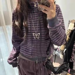 Y2k Japanese Sweatshirts Women Long Sleeve Striped Stand Collar Sweatshirt High Street Graphic Winter Coats E-girls