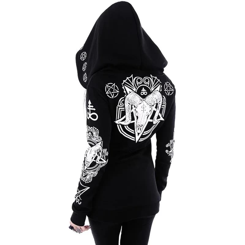 Irregular Black Punk Hoodie with Sheep Head and Moon Print Hoodie