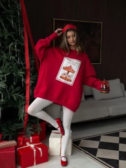 Christmas Sweet Women Oversized Red Crewneck Sweatshirt "From Russia with Love" Carousel Print Retro Festive Holiday Pullover