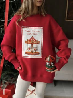 Christmas Sweet Women Oversized Red Crewneck Sweatshirt "From Russia with Love" Carousel Print Retro Festive Holiday Pullover