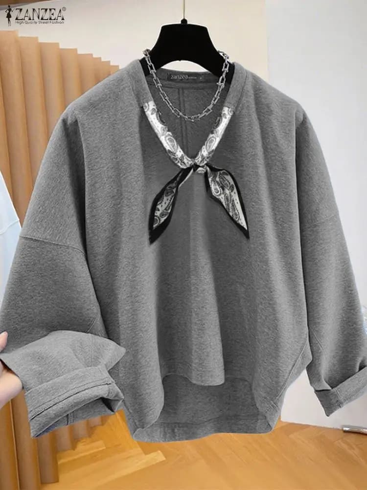 ZANZEA Women's Solid Color High-Low Sweatshirt with Scarf V-Neck Long Sleeve Knitted Pullover Tops Loose Casual Woman Clothing