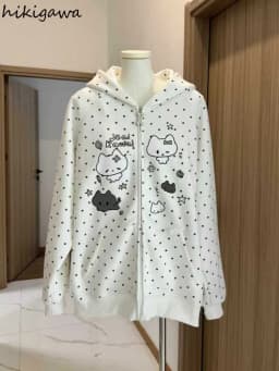 Japanese Y2k Hoodies Jackets Women Clothes Polka Dot Cat Print Sweatshirts 2025 Ropa Mujer Casual Chic Hooded Cute Hoodie Tops