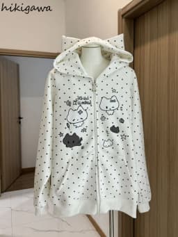 Japanese Y2k Hoodies Jackets Women Clothes Polka Dot Cat Print Sweatshirts 2025 Ropa Mujer Casual Chic Hooded Cute Hoodie Tops