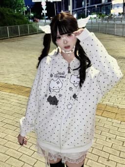 Japanese Y2k Hoodies Jackets Women Clothes Polka Dot Cat Print Sweatshirts 2025 Ropa Mujer Casual Chic Hooded Cute Hoodie Tops