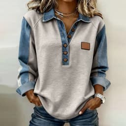Spring Retro Contrast Color Woman Sweatshirt Elegant Turn-down Collar Button Tops Pullover Autumn Long Sleeve Loose Hoodie Mujer