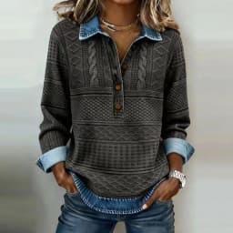 Spring Retro Contrast Color Woman Sweatshirt Elegant Turn-down Collar Button Tops Pullover Autumn Long Sleeve Loose Hoodie Mujer