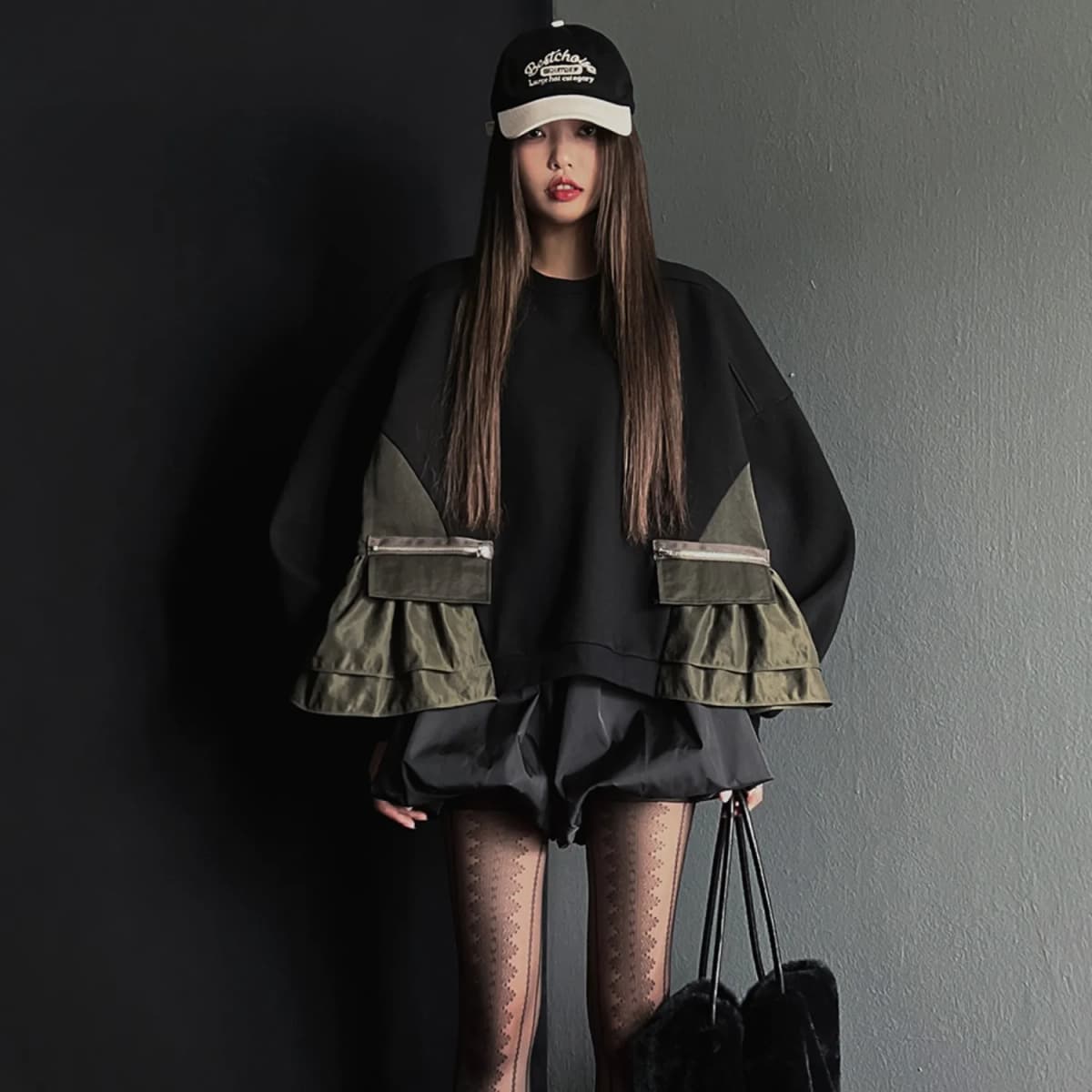 Chic Autumn Winter Women's Crew Neck Sweatshirt Long Sleeve Color Block Design Large Pocket Casual Comfortable Streetwear