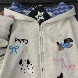 Classics Sweet Cute Cartoon Puppy Embroidery Zip Up Hoodie Women Jacket Thickened Fleece Lined Loose Casual Sweatshirt for Women