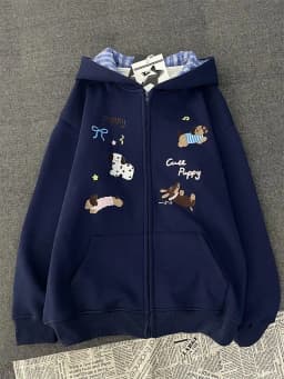 Classics Sweet Cute Cartoon Puppy Embroidery Zip Up Hoodie Women Jacket Thickened Fleece Lined Loose Casual Sweatshirt for Women
