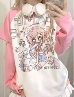 Japanese Subculture Chic Pink Patchwork Long-sleeve Hoodie Kawaii Anime Girl Print T Shirt Women Sweet Zipper Loose Casual Tops