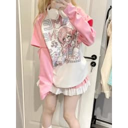 Japanese Subculture Chic Pink Patchwork Long-sleeve Hoodie Kawaii Anime Girl Print T Shirt Women Sweet Zipper Loose Casual Tops