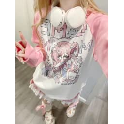 Japanese Subculture Chic Pink Patchwork Long-sleeve Hoodie Kawaii Anime Girl Print T Shirt Women Sweet Zipper Loose Casual Tops
