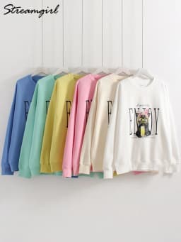 Streamgirl Crewneck Cat Printed Sweatshirts For Women Oversized Trendy Cotton Tops Women Pink Comfort Colors Sweatshirt Plain