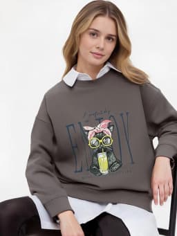 Streamgirl Crewneck Cat Printed Sweatshirts For Women Oversized Trendy Cotton Tops Women Pink Comfort Colors Sweatshirt Plain