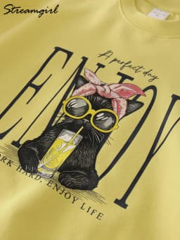 Streamgirl Crewneck Cat Printed Sweatshirts For Women Oversized Trendy Cotton Tops Women Pink Comfort Colors Sweatshirt Plain