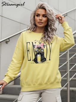 Streamgirl Crewneck Cat Printed Sweatshirts For Women Oversized Trendy Cotton Tops Women Pink Comfort Colors Sweatshirt Plain