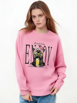 Streamgirl Crewneck Cat Printed Sweatshirts For Women Oversized Trendy Cotton Tops Women Pink Comfort Colors Sweatshirt Plain