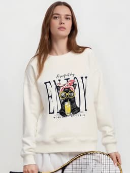 Streamgirl Crewneck Cat Printed Sweatshirts For Women Oversized Trendy Cotton Tops Women Pink Comfort Colors Sweatshirt Plain