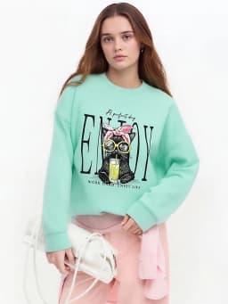 Streamgirl Crewneck Cat Printed Sweatshirts For Women Oversized Trendy Cotton Tops Women Pink Comfort Colors Sweatshirt Plain