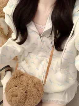 Japanese Lace Patchwork Pocket Hoodies Tops Autumn Harajuku Cartoon Printing Sweatshirt Casual Loose Y2k Aesthetic Streetwear