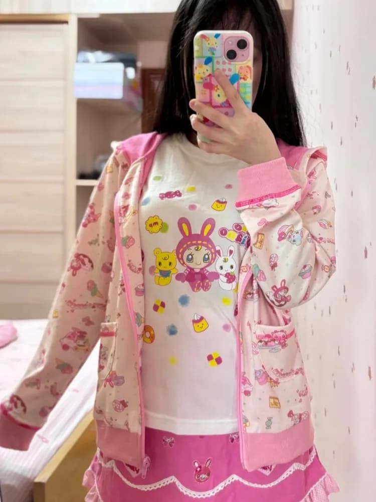 Japanese Kawaii Cute Cartoon Rabbit Print Hoodies Women Casual Grunge Lolita Hooded Sweatshirts Causal Preppy Pink Hoody Jacket