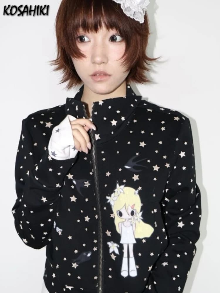 Japanese Stand Neck Star Cartoon Printing Jackets Women Harajuku Grunge Zipper Casual Coats Streetwear Loose Vintage Tops Femme
