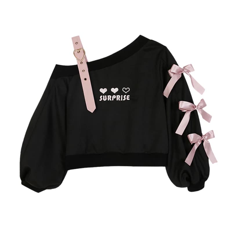 Off Shoulder Lolita Cute Heart Black Women White Gothic Kawaii Hoodies Harajuku Cropped Sweatshirts Girls Streetwear Sweet Tops