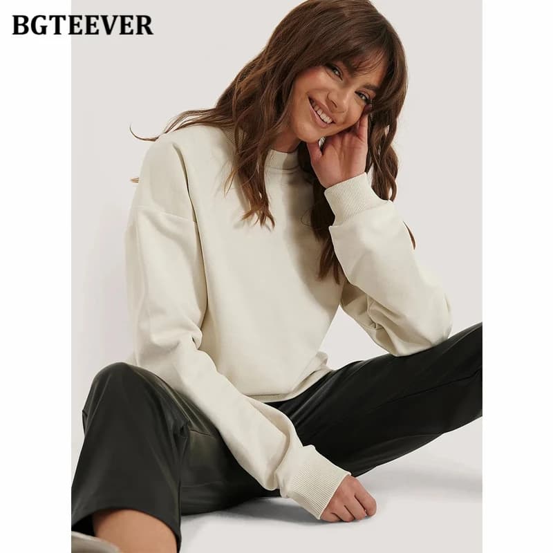 BGTEEVER Casual O-neck Loose Women Pullovers Spring Autumn Long Sleeve Basic Cotton Sweatshirts for Women