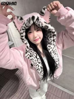 Y2k Aesthetic Leopard Patchwork Hoodies Women Casual Loose Harajuku Zipper Sweatshirt Preppy Style Vintage Gothic Grunge Jackets