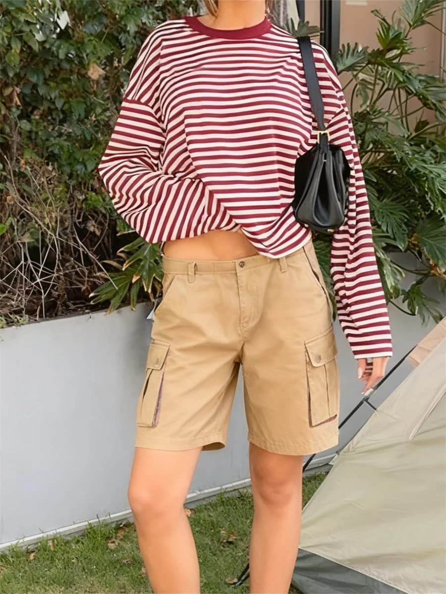 Women Long Sleeve Shirts Crew Neck Loose Sweatshirts Ladies Fall Casual Striped Top Streetwear