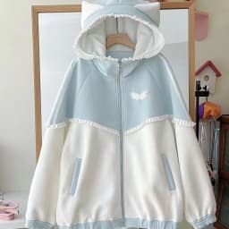 Japanese Casual Sweet Zipper Kawaii Hoodies Loose Contrast Color Women Grunge Coat Y2k Aesthetic Ruffled Fairy Pocket Sweatshirt