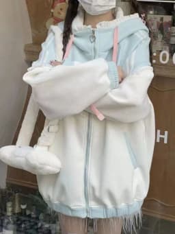 Japanese Casual Sweet Zipper Kawaii Hoodies Loose Contrast Color Women Grunge Coat Y2k Aesthetic Ruffled Fairy Pocket Sweatshirt