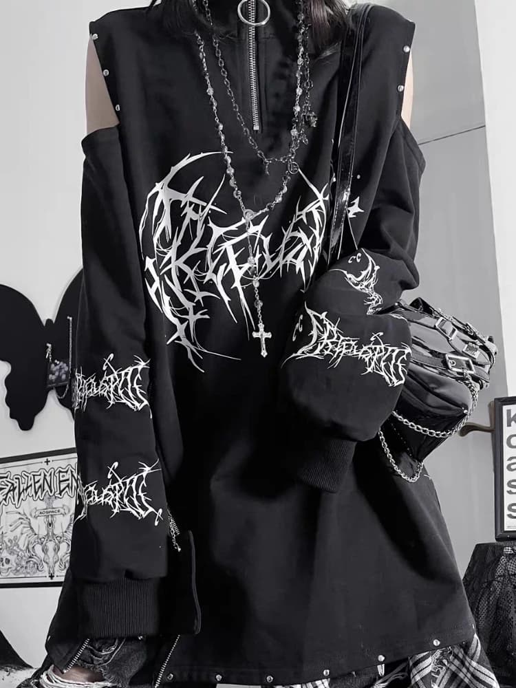 HOUZHOU Y2k Black Goth Graphic Women Sweatshirts Punk Harajuku Off Shoulder Japanese Style Pullovers Grunge Aesthetic Oversized