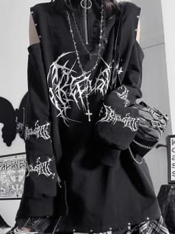 HOUZHOU Y2k Black Goth Graphic Women Sweatshirts Punk Harajuku Off Shoulder Japanese Style Pullovers Grunge Aesthetic Oversized