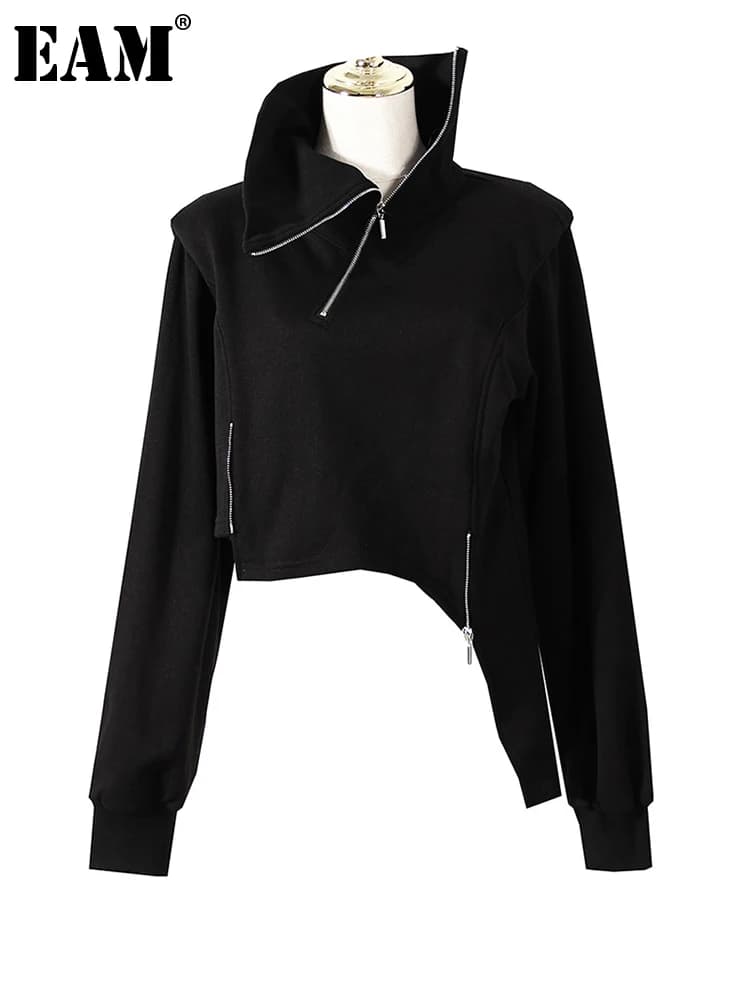 [EAM] Loose Fit Black Zipper Irregular Sweatshirt New Turtleneck Long Sleeve Women Big Size Fashion Spring Autumn 2026 1DE3327
